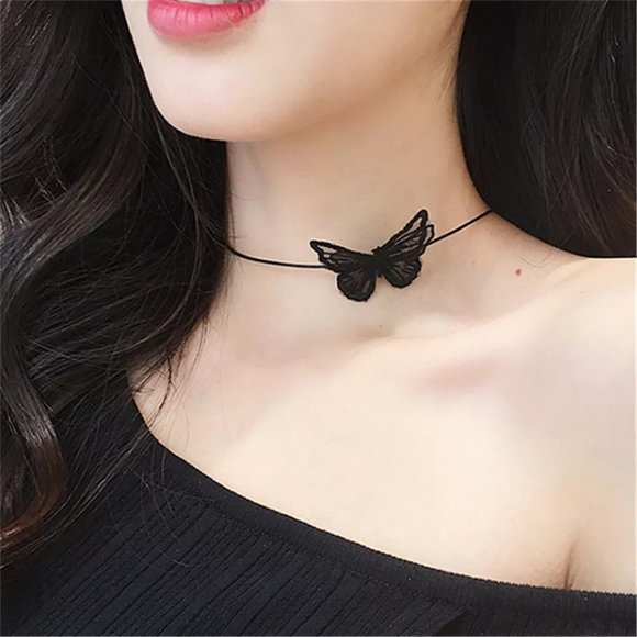 Black or White Butterfly Choker Necklace - Picture 4 of 14
